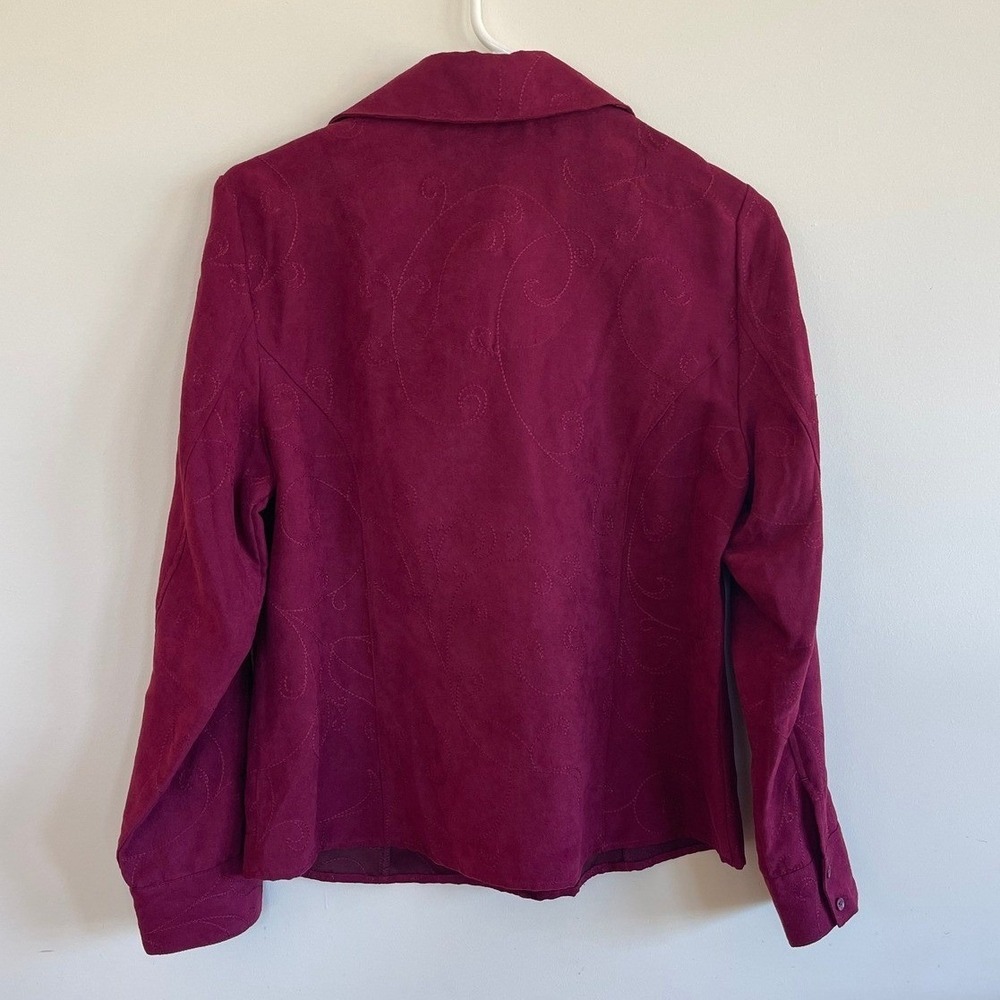 Croft & Barrow Womens Petite M Burgundy Embroidered Zip Up Jacket Faux Suede - Picture 2 of 5